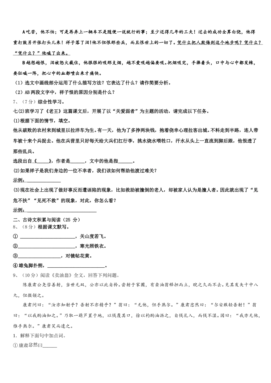 湖北省襄阳老河口市2025届语文七年级第二学期期中考试试题含解析_第2页