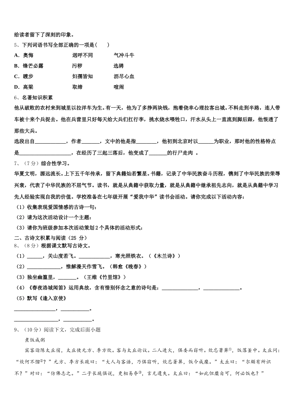 2025届湖北省黄石市还地桥镇南湾初级中学语文七下期中复习检测试题含解析_第2页