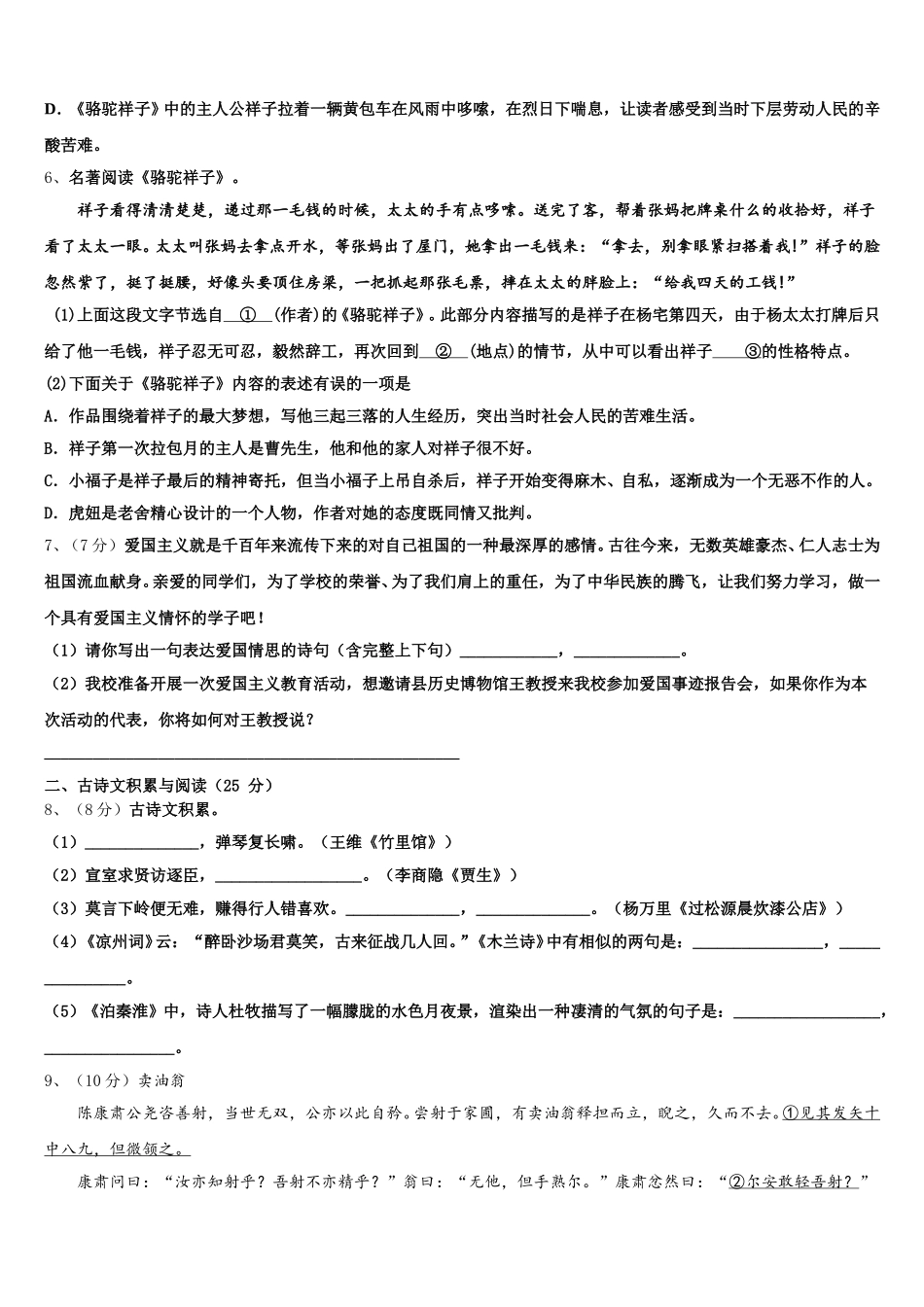2025届湖北省武汉二中学广雅中学语文七下期中统考试题含解析_第2页