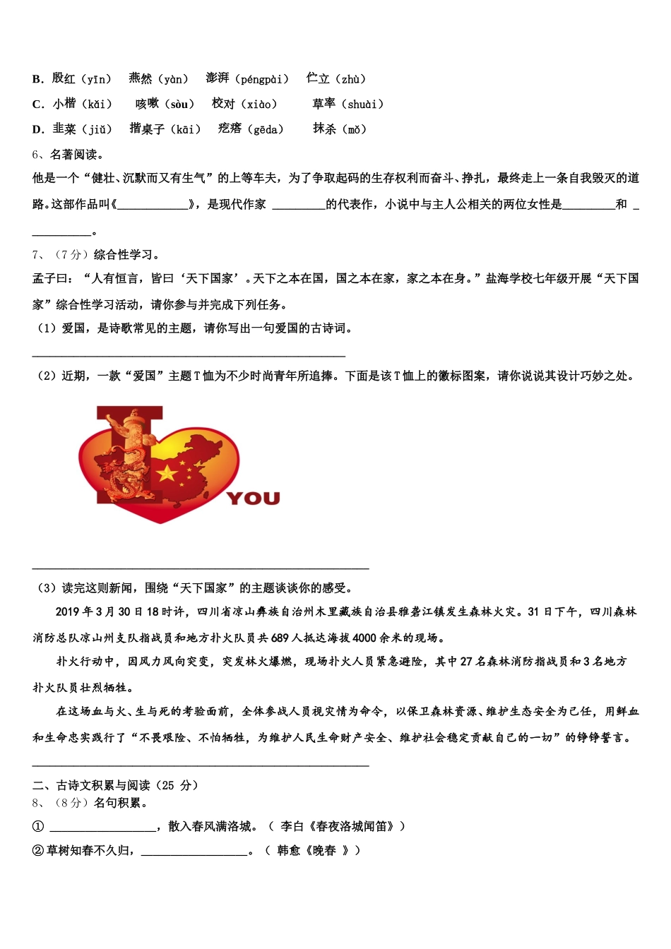 湖北省孝感市孝南区肖港镇肖港初级中学2025年七下语文期中监测试题含解析_第2页