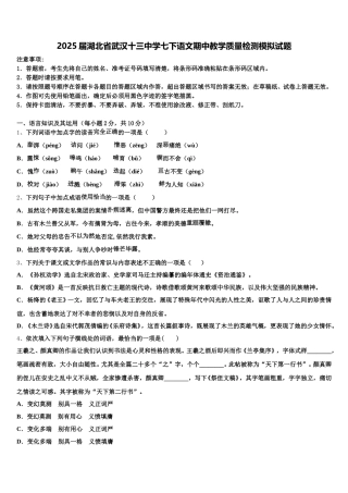2025届湖北省武汉十三中学七下语文期中教学质量检测模拟试题含解析