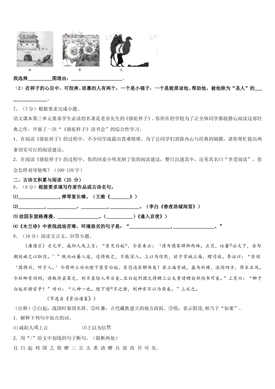 湖北省武汉六中学2025年语文七下期中检测模拟试题含解析_第2页