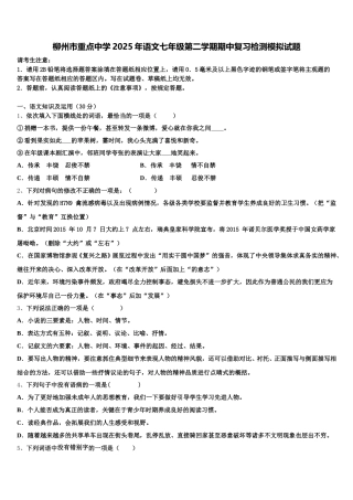 柳州市重点中学2025年语文七年级第二学期期中复习检测模拟试题含解析