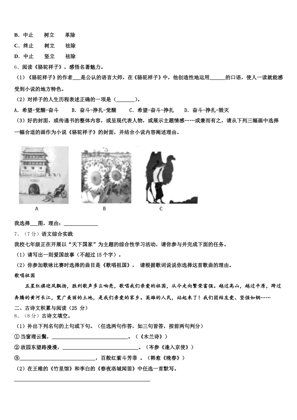 广西崇左市2025年七年级语文第二学期期中学业水平测试试题含解析_第2页