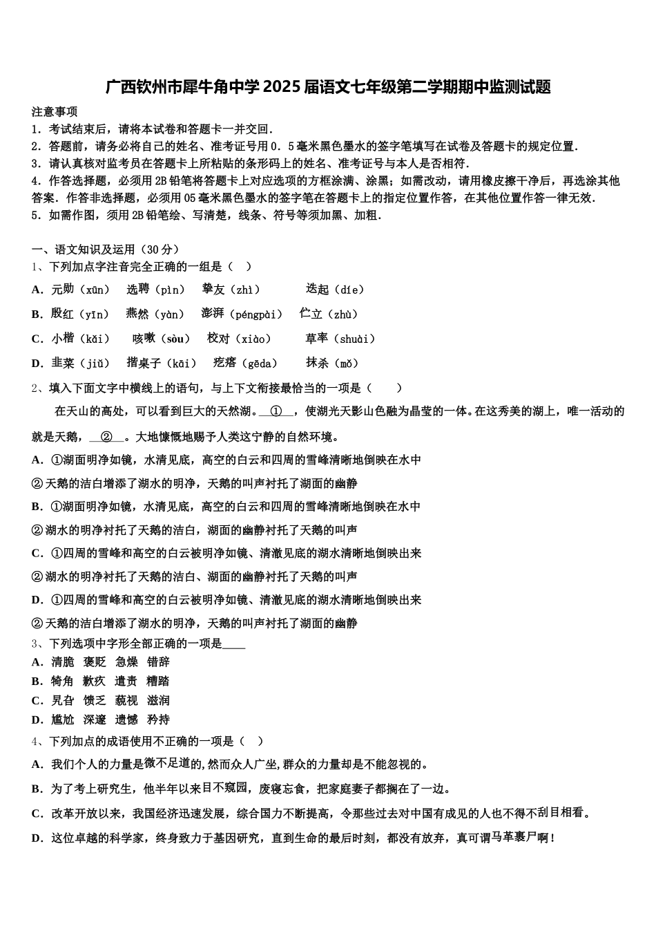 广西钦州市犀牛角中学2025届语文七年级第二学期期中监测试题含解析_第1页