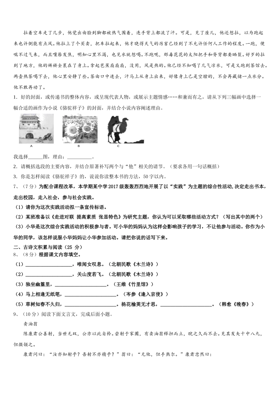 2025届玉林市重点中学语文七年级第二学期期中教学质量检测模拟试题含解析_第2页