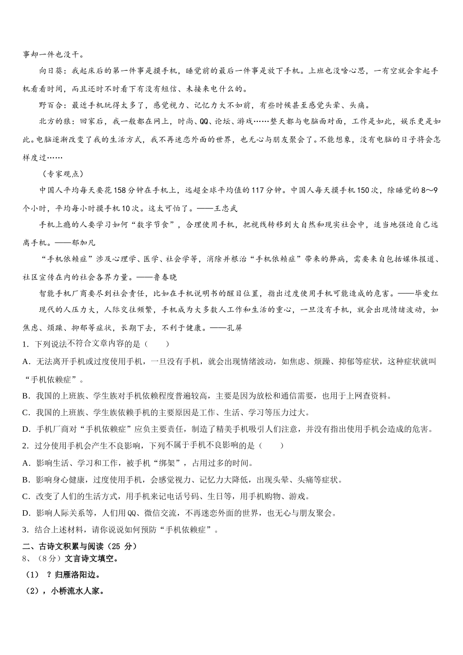 广西壮族自治区玉林市陆川县2024-2025学年七年级语文第二学期期中达标检测试题含解析_第3页
