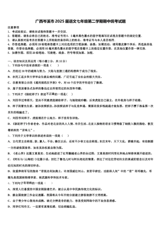广西岑溪市2025届语文七年级第二学期期中统考试题含解析
