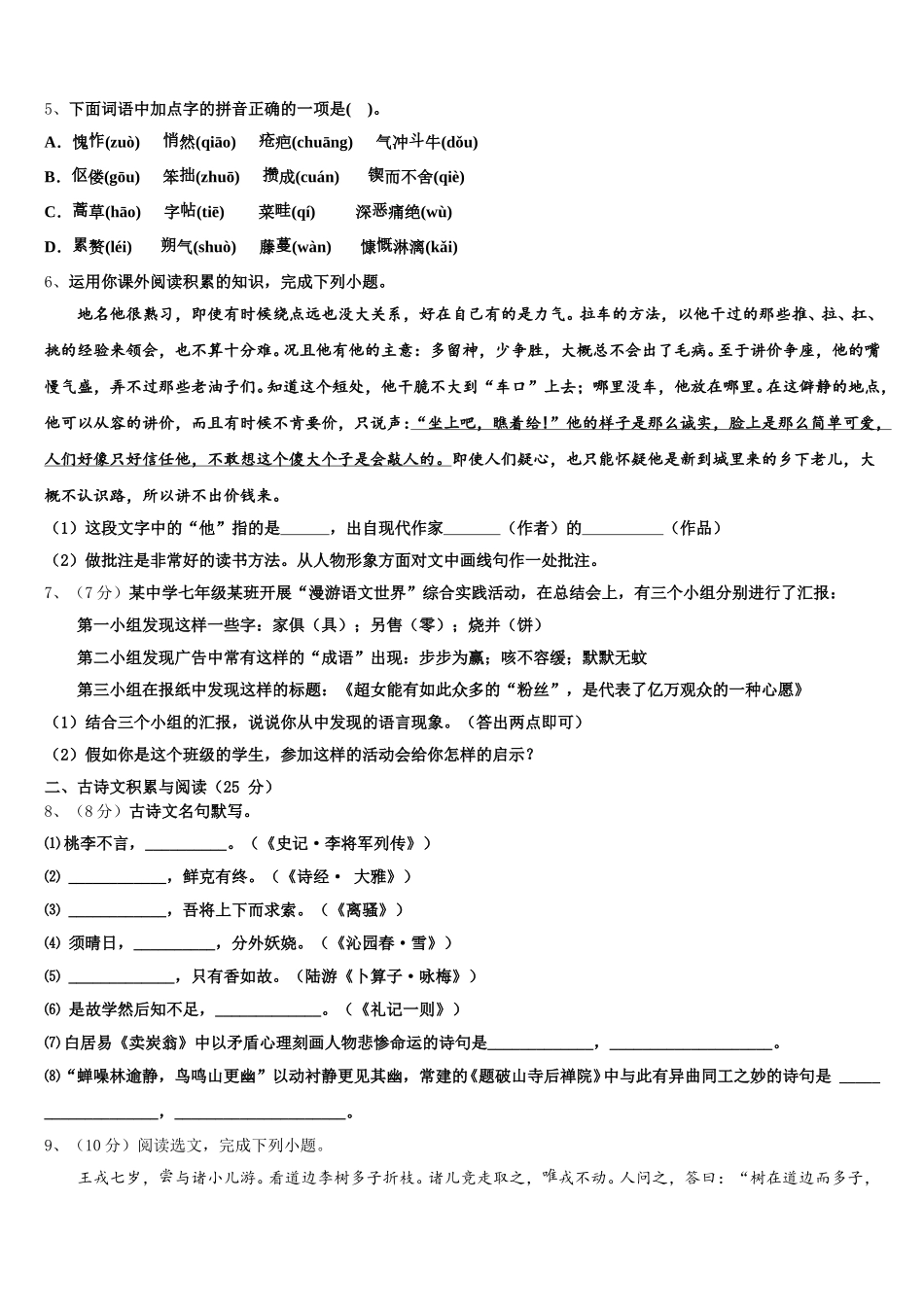 2024-2025学年广西南宁四十九中学七下语文期中学业水平测试模拟试题含解析_第2页