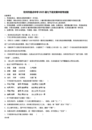钦州市重点中学2025届七下语文期中统考试题含解析