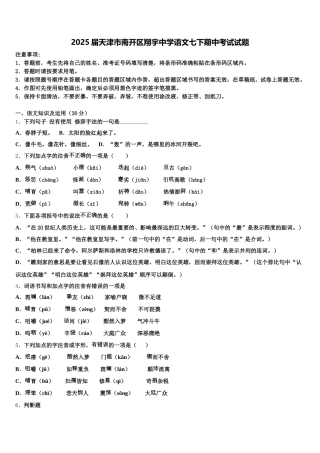 2025届天津市南开区翔宇中学语文七下期中考试试题含解析