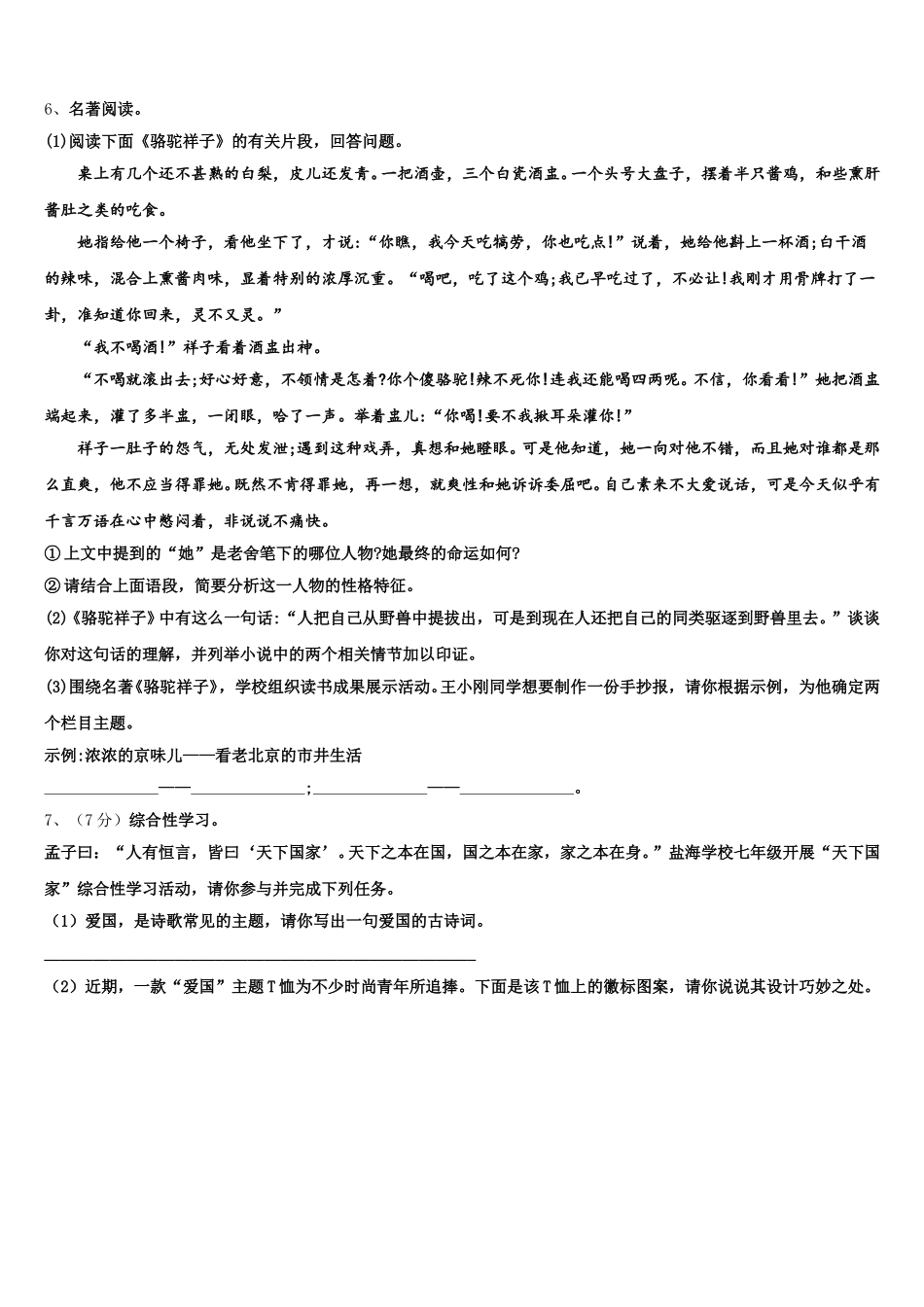 2024-2025学年北京市第五十六中学七下语文期中经典试题含解析_第2页