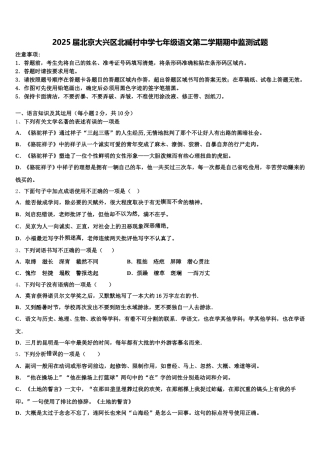 2025届北京大兴区北臧村中学七年级语文第二学期期中监测试题含解析
