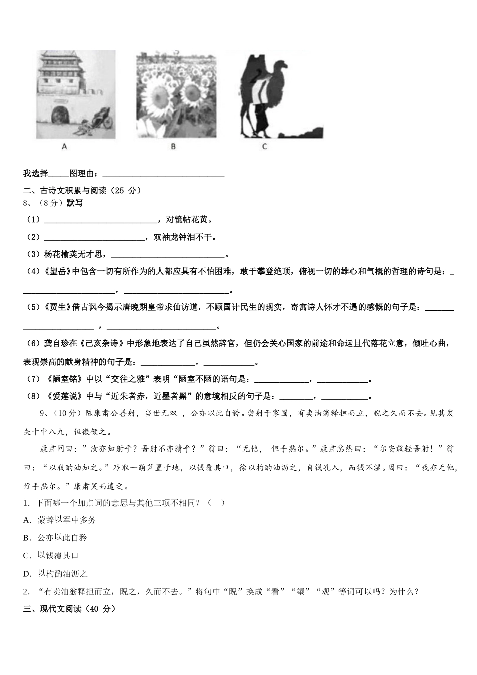 北京市海淀区十一学校2024-2025学年语文七下期中联考模拟试题含解析_第3页