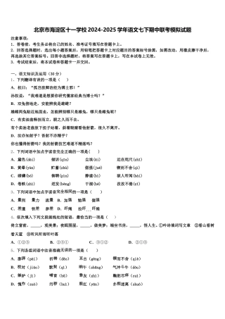 北京市海淀区十一学校2024-2025学年语文七下期中联考模拟试题含解析