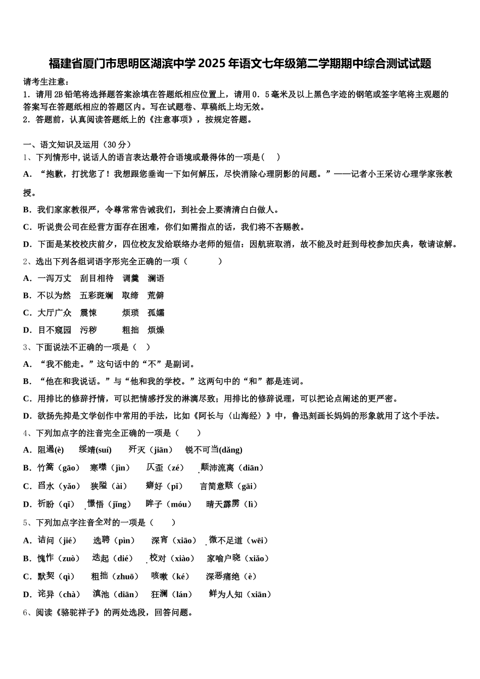 福建省厦门市思明区湖滨中学2025年语文七年级第二学期期中综合测试试题含解析_第1页