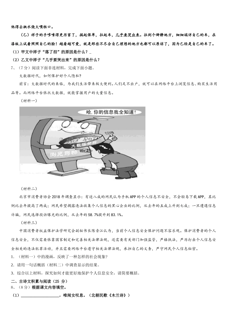 福建省莆田市哲理中学2025届语文七年级第二学期期中综合测试试题含解析_第2页