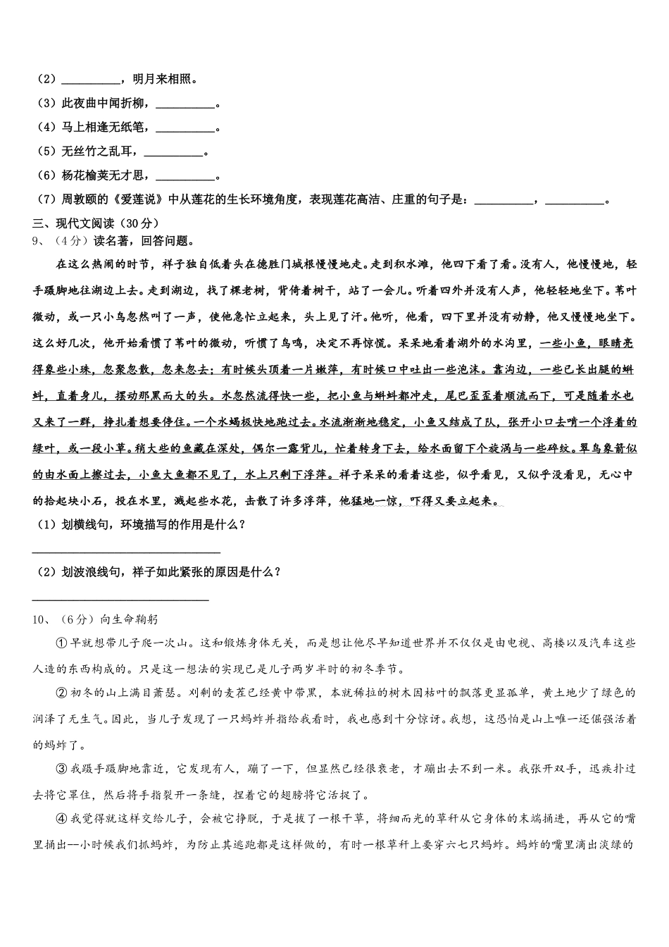 吉林省长春市解放大路中学2024-2025学年七下语文期中联考模拟试题含解析_第3页