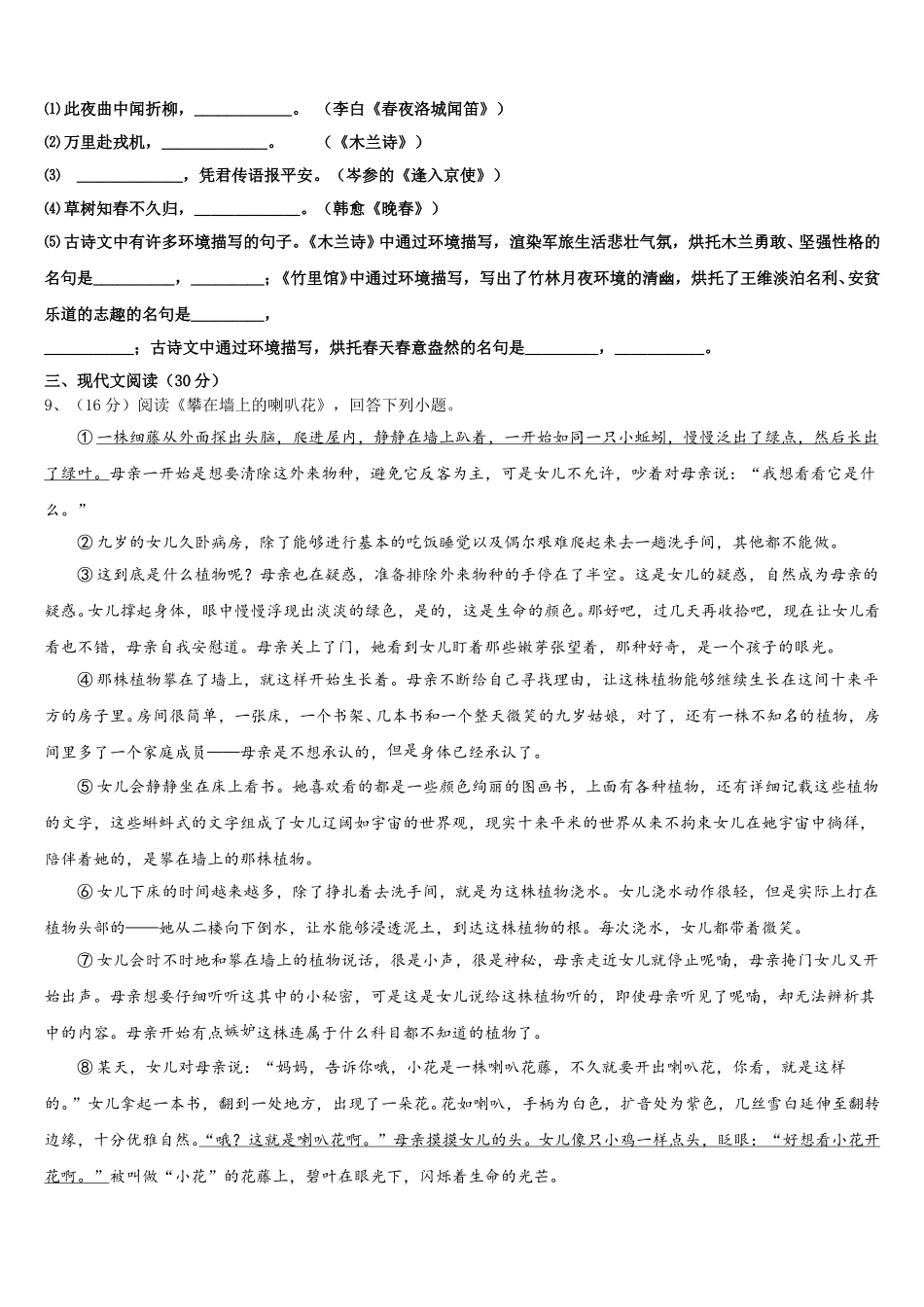 云南省昭通市昭阳区苏家院镇中学2025届语文七下期中考试试题含解析_第3页