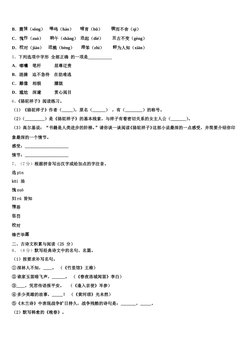 2025届云南省普洱市语文七下期中教学质量检测模拟试题含解析_第2页