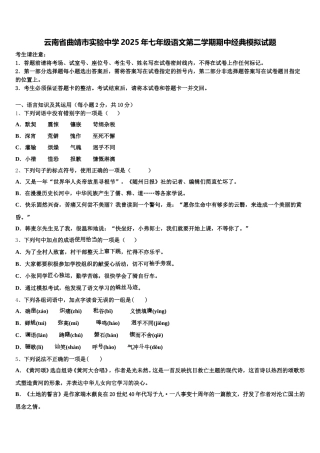 云南省曲靖市实验中学2025年七年级语文第二学期期中经典模拟试题含解析