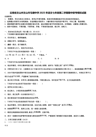 云南省文山州文山市马塘中学2025年语文七年级第二学期期中联考模拟试题含解析