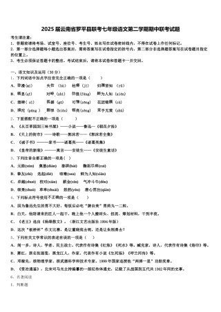2025届云南省罗平县联考七年级语文第二学期期中联考试题含解析