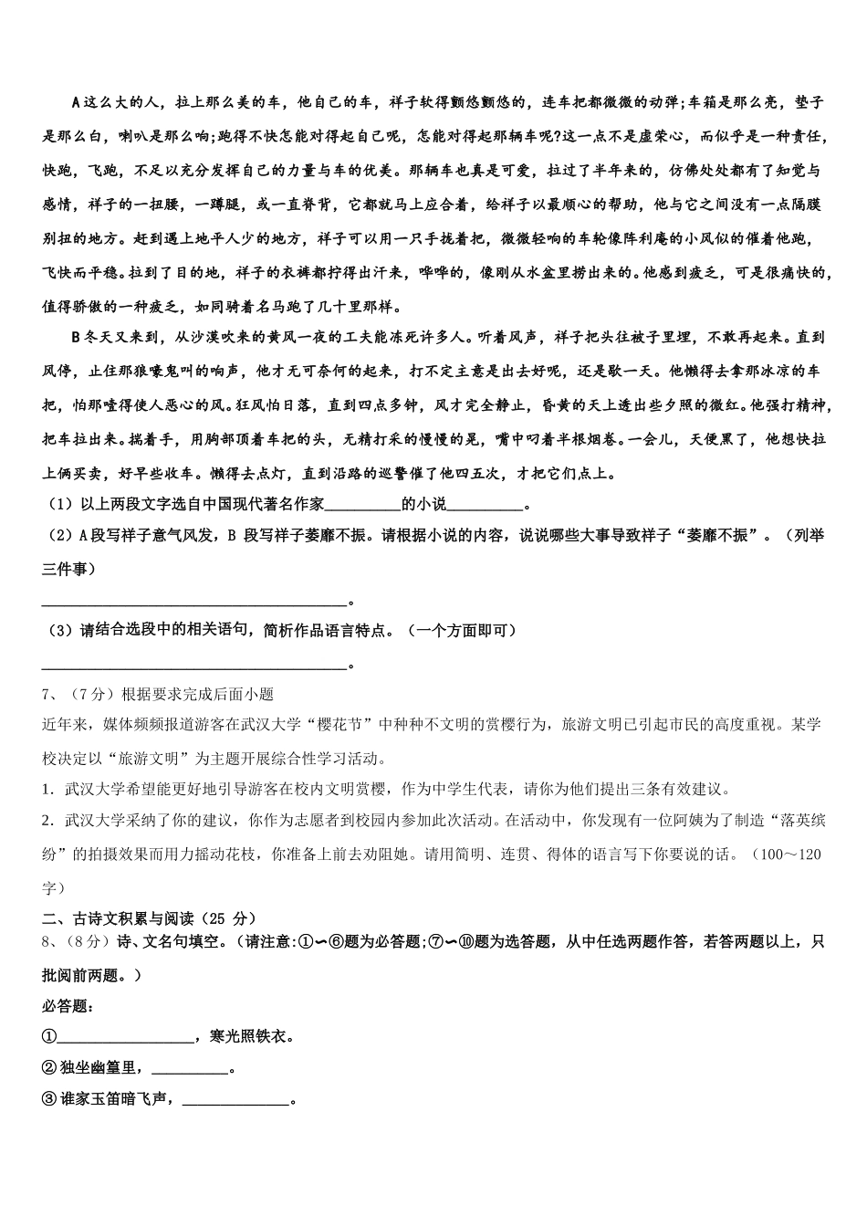 云南省丽江市2025届七下语文期中学业水平测试试题含解析_第2页