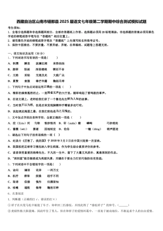 西藏自治区山南市错那县2025届语文七年级第二学期期中综合测试模拟试题含解析