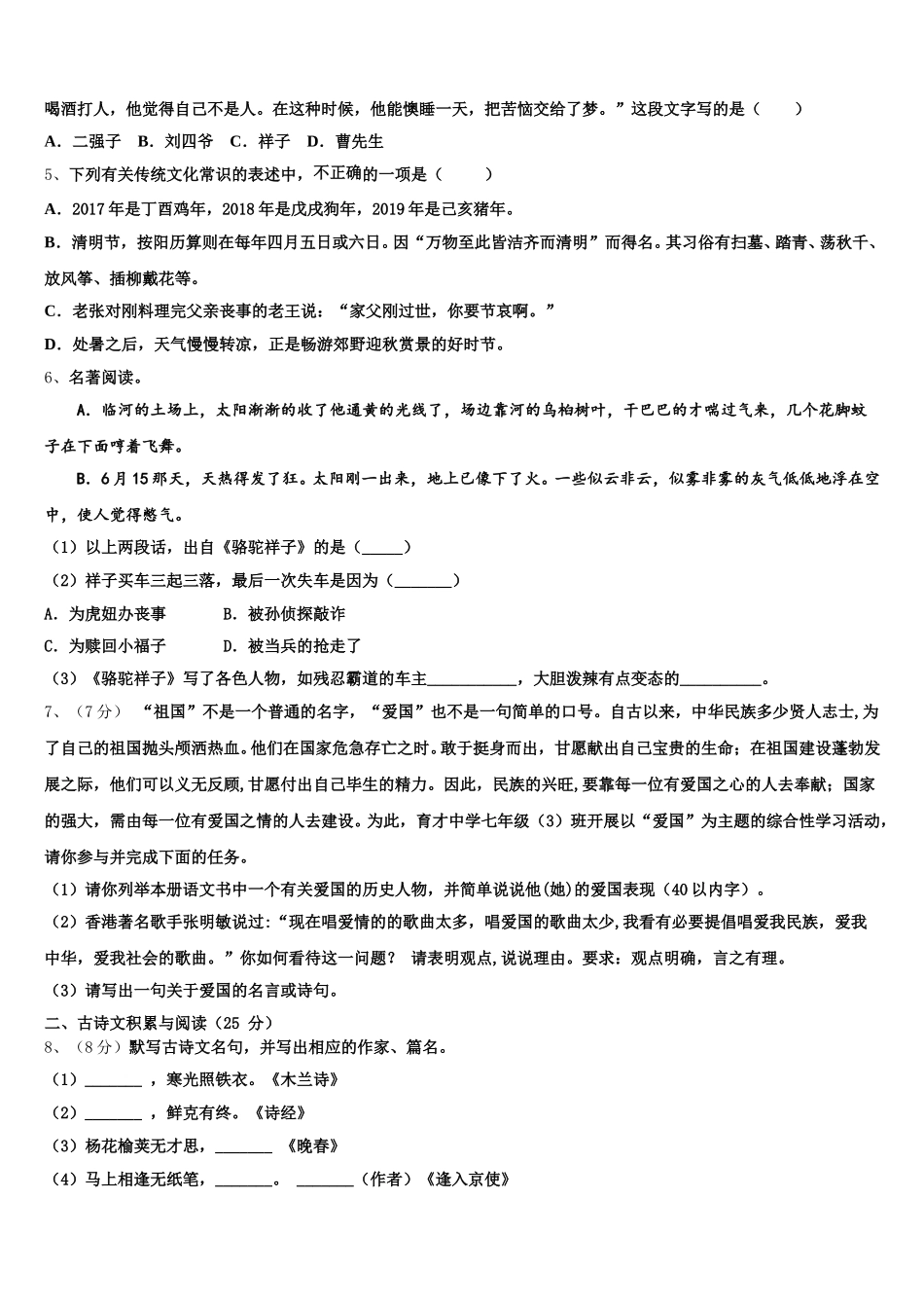 2024-2025学年拉萨市七下语文期中检测模拟试题含解析_第2页