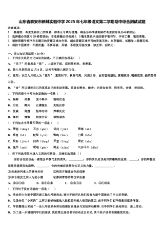 山东省泰安市新城实验中学2025年七年级语文第二学期期中综合测试试题含解析