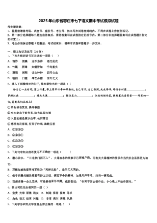 2025年山东省枣庄市七下语文期中考试模拟试题含解析