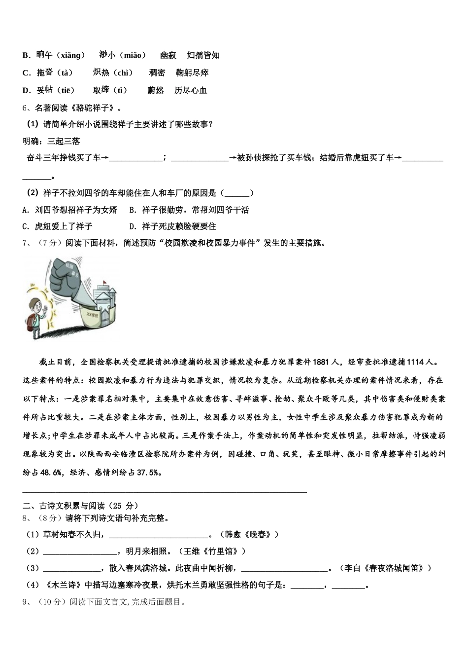 2024-2025学年山东省安丘市石堆镇中学心中学七下语文期中检测模拟试题含解析_第2页