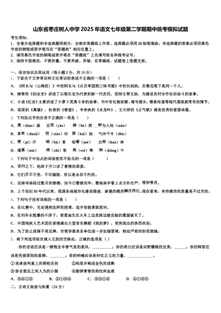 山东省枣庄树人中学2025年语文七年级第二学期期中统考模拟试题含解析