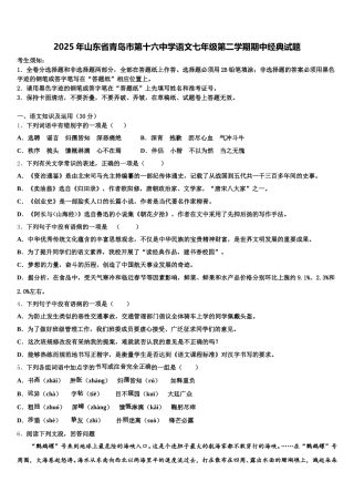 2025年山东省青岛市第十六中学语文七年级第二学期期中经典试题含解析