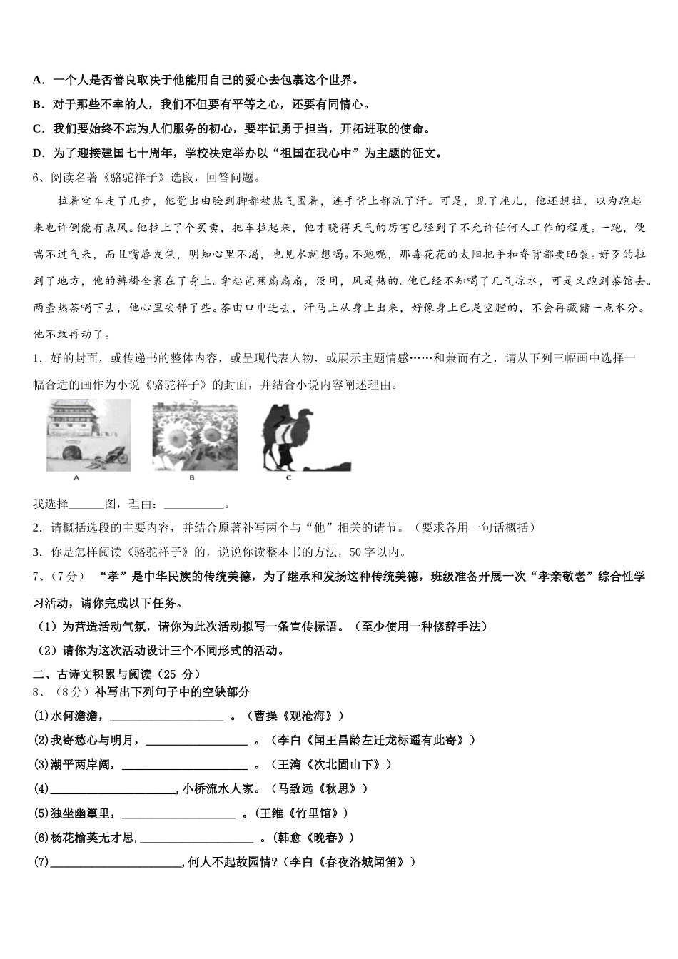 山东省东昌府区梁水镇中学心中学2025年七下语文期中综合测试试题含解析_第2页