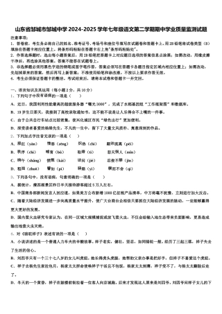 山东省邹城市邹城中学2024-2025学年七年级语文第二学期期中学业质量监测试题含解析