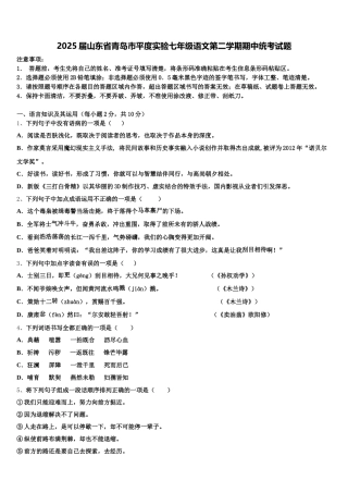 2025届山东省青岛市平度实验七年级语文第二学期期中统考试题含解析