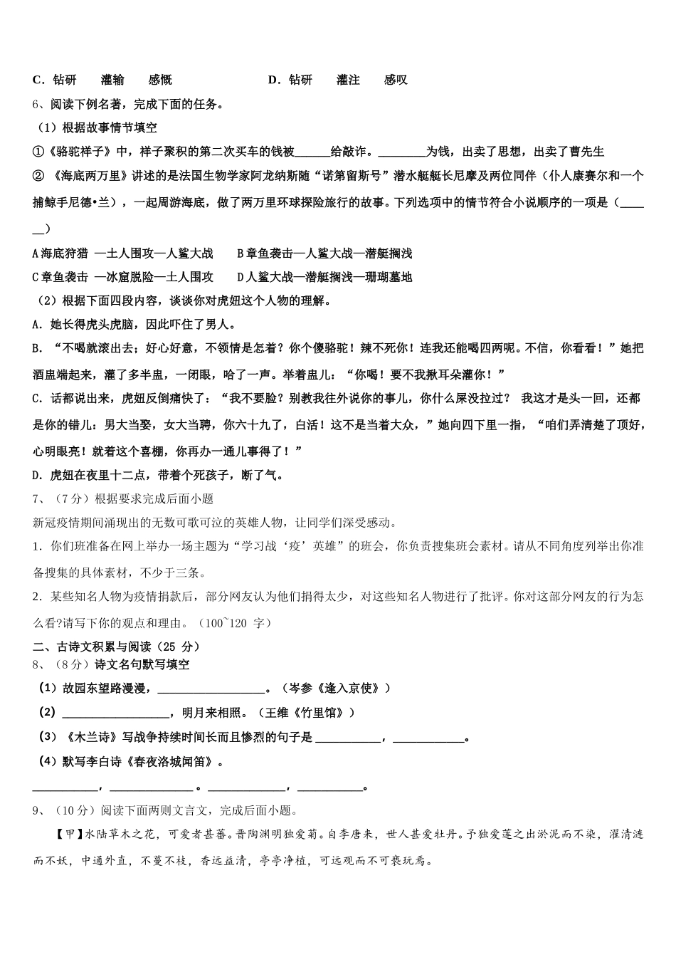2024-2025学年山东省菏泽市定陶区实验中学语文七下期中经典模拟试题含解析_第2页