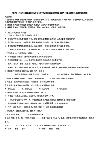 2024-2025学年山东省菏泽市定陶区实验中学语文七下期中经典模拟试题含解析