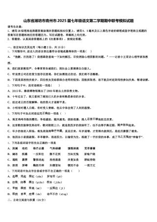 山东省潍坊市青州市2025届七年级语文第二学期期中联考模拟试题含解析