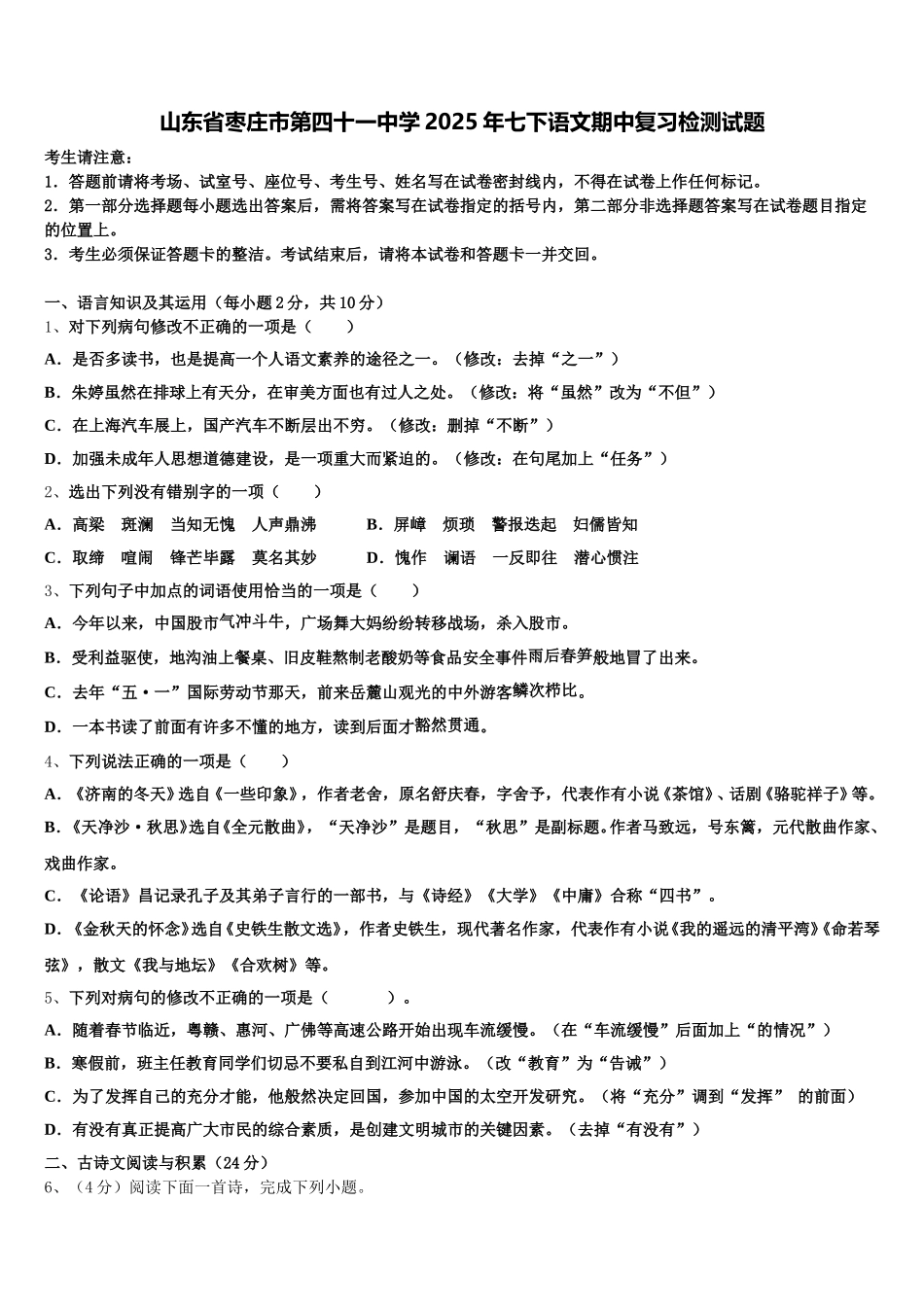 山东省枣庄市第四十一中学2025年七下语文期中复习检测试题含解析_第1页