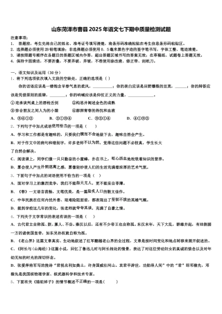 山东菏泽市曹县2025年语文七下期中质量检测试题含解析