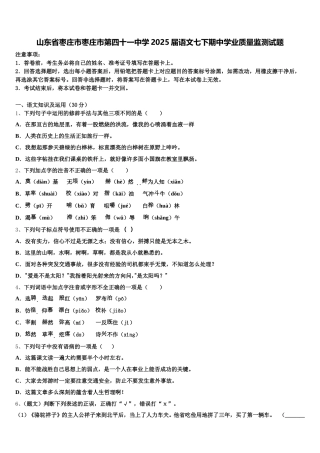 山东省枣庄市枣庄市第四十一中学2025届语文七下期中学业质量监测试题含解析
