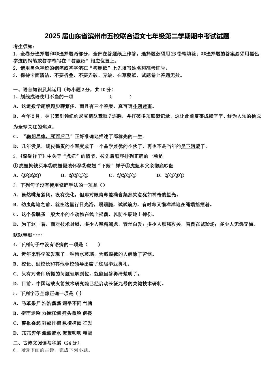 2025届山东省滨州市五校联合语文七年级第二学期期中考试试题含解析_第1页