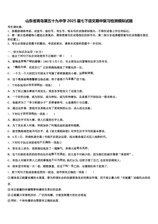 山东省青岛第五十九中学2025届七下语文期中复习检测模拟试题含解析
