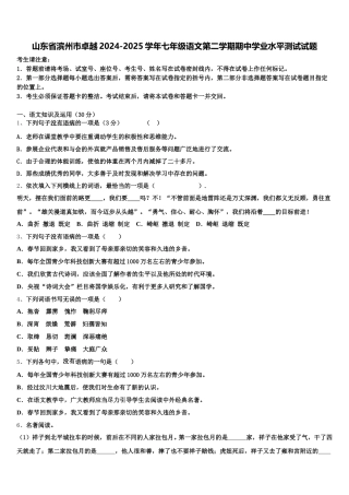山东省滨州市卓越2024-2025学年七年级语文第二学期期中学业水平测试试题含解析