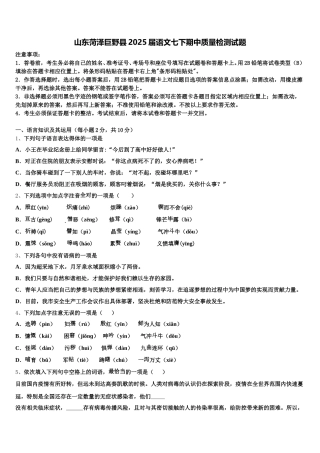 山东菏泽巨野县2025届语文七下期中质量检测试题含解析