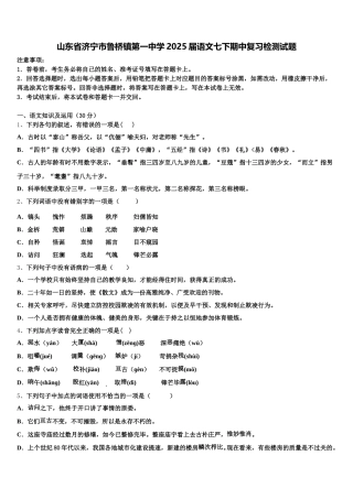 山东省济宁市鲁桥镇第一中学2025届语文七下期中复习检测试题含解析