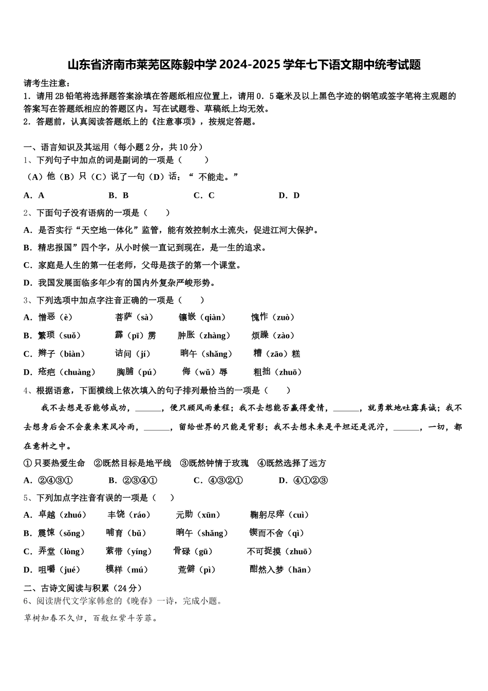 山东省济南市莱芜区陈毅中学2024-2025学年七下语文期中统考试题含解析_第1页